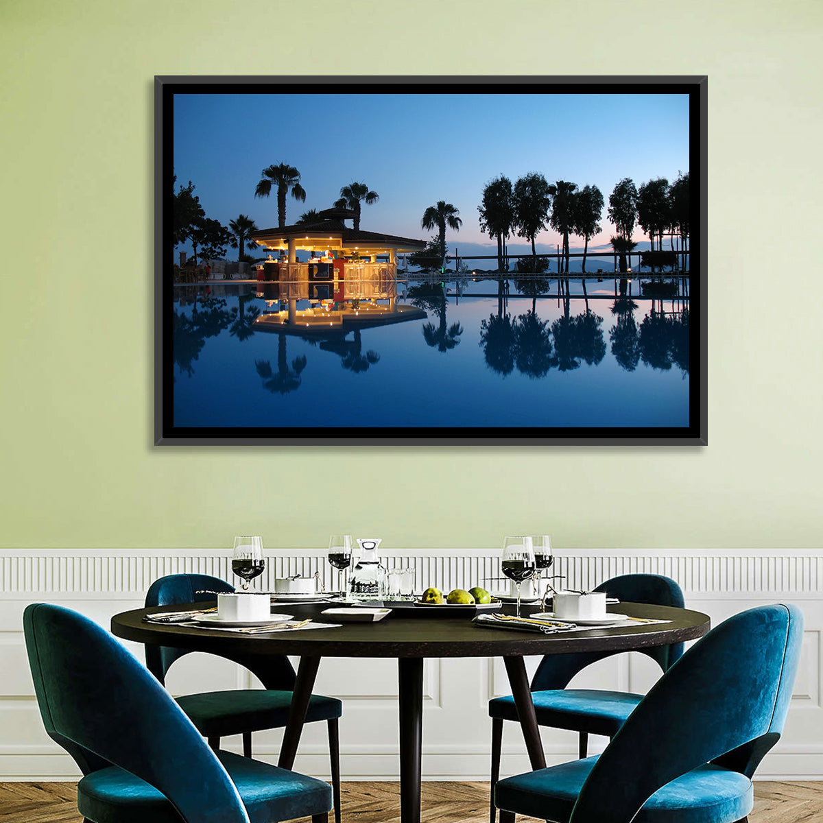 Twilight Poolside Bar Wall Art in a room, landscape