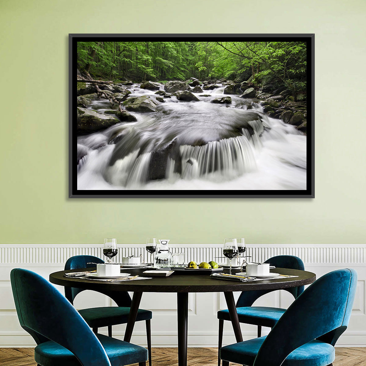 Smoky Mountains Cascading Stream Wall Art in a room, landscape