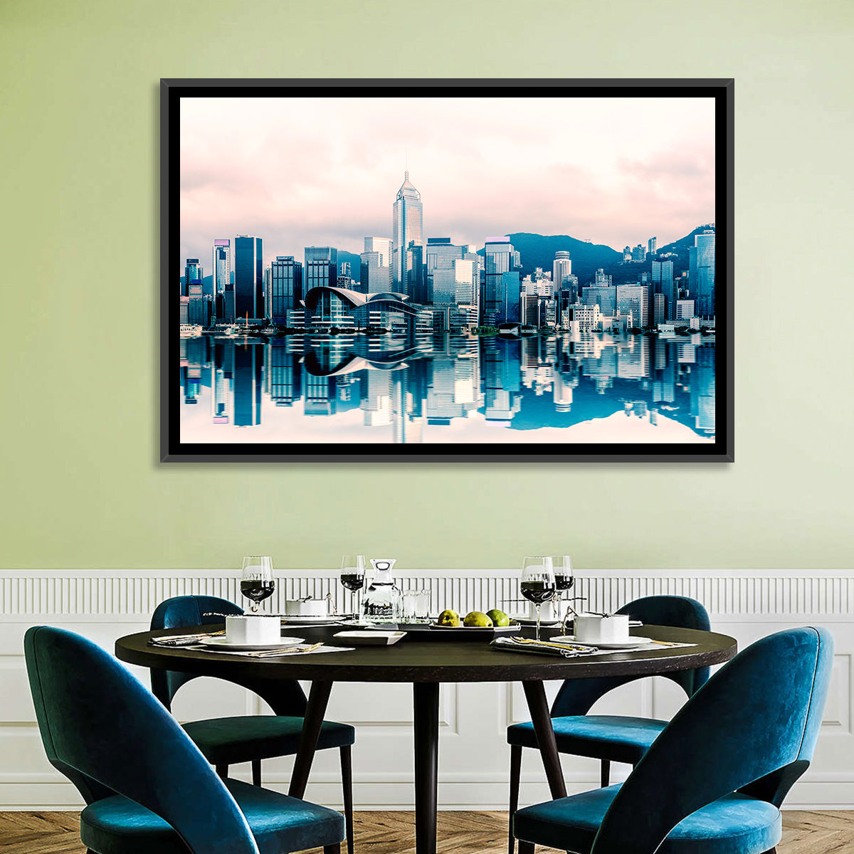Victoria Harbour Sketch at Dusk Wall Art in a room, landscape