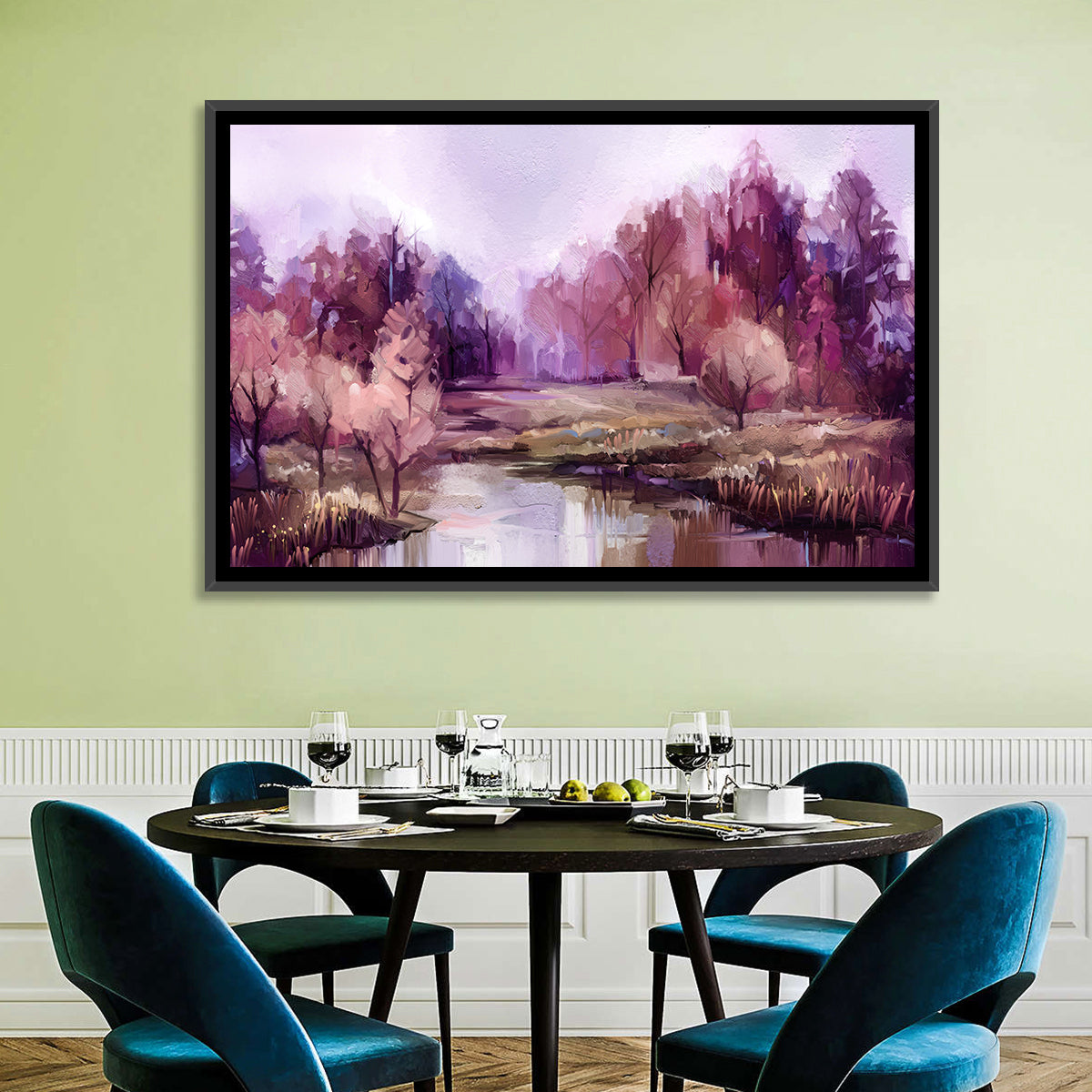 Lavender Autumn Forest Watercolor Wall Art in a room, landscape
