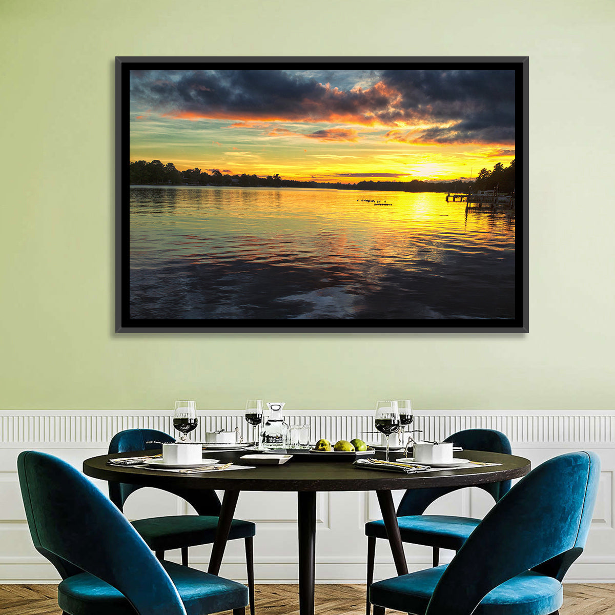 Lake Marion Sunset Wall Art in a room, landscape