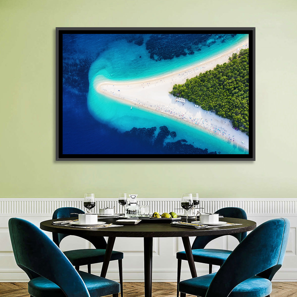 Zlatni Rat Beach Aerial Coast Wall Art in a room, landscape