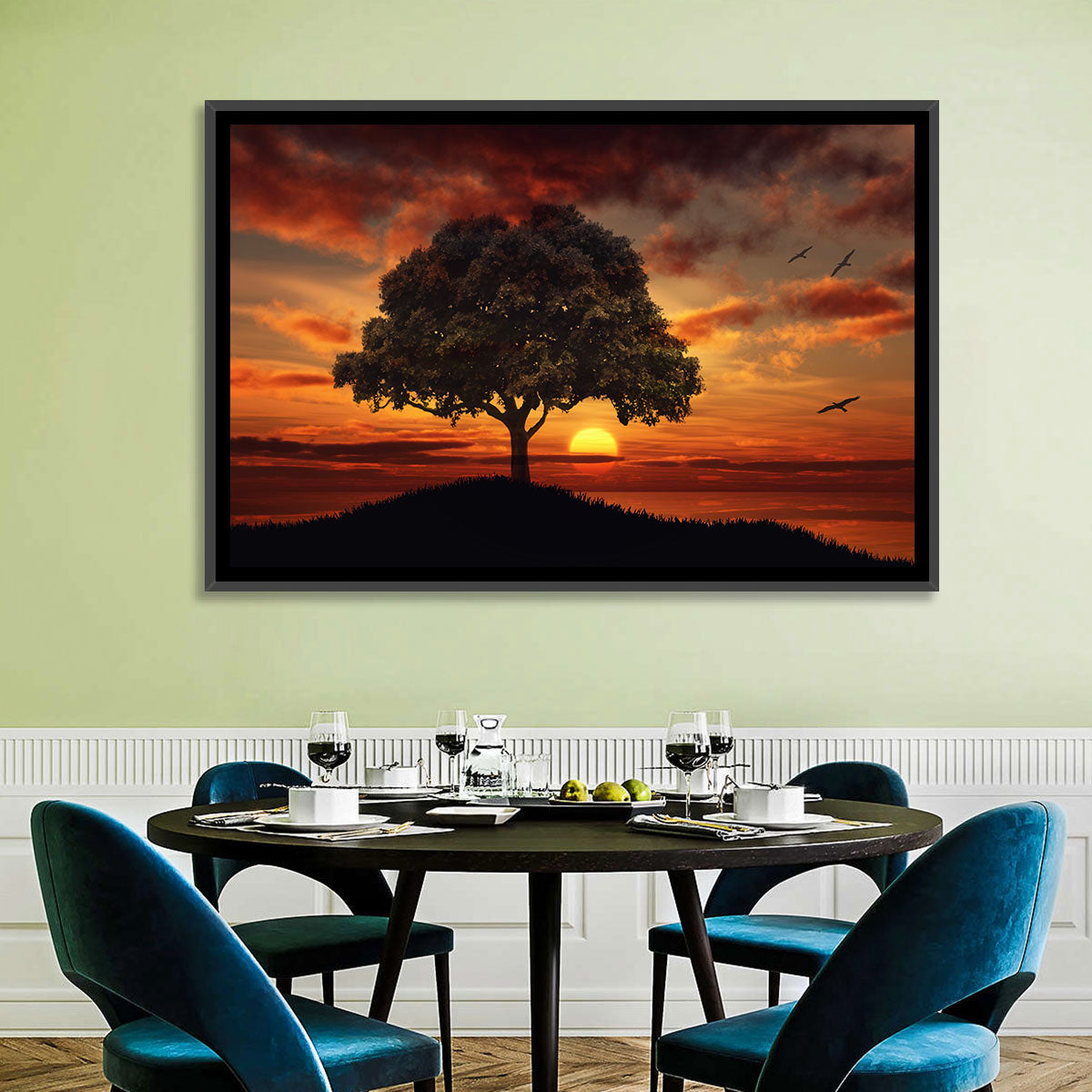 Lone Tree at Sunset with Birds Wall Art