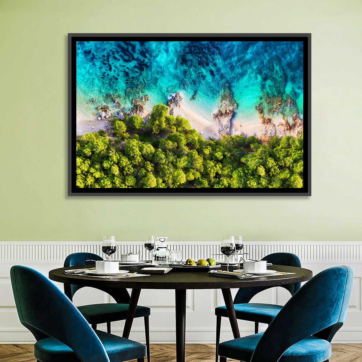 Croatian Turquoise Coastline Wall Art in a room, landscape