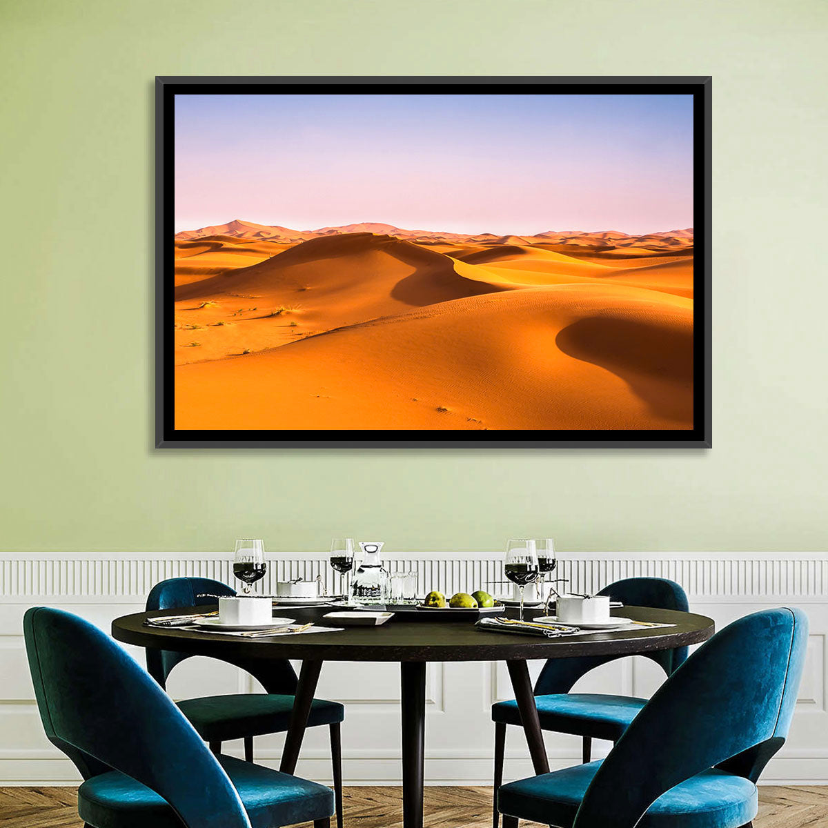Golden Sahara Dunes Wall Art in a room, landscape