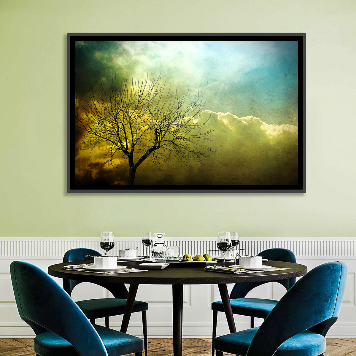 Moody Winter Tree Landscape Wall Art in a room, landscape