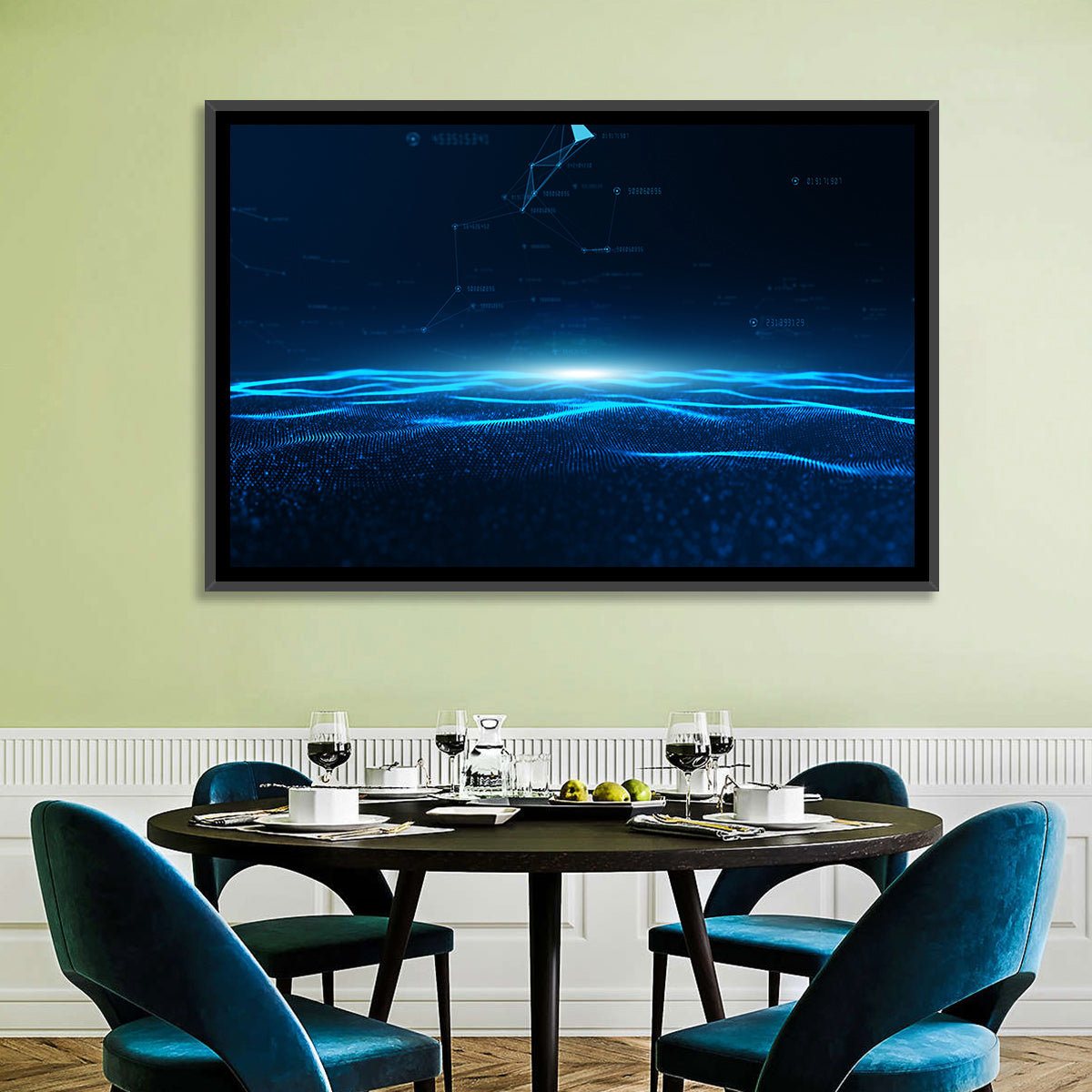 Digital Data Waves Wall Art in a room, landscape