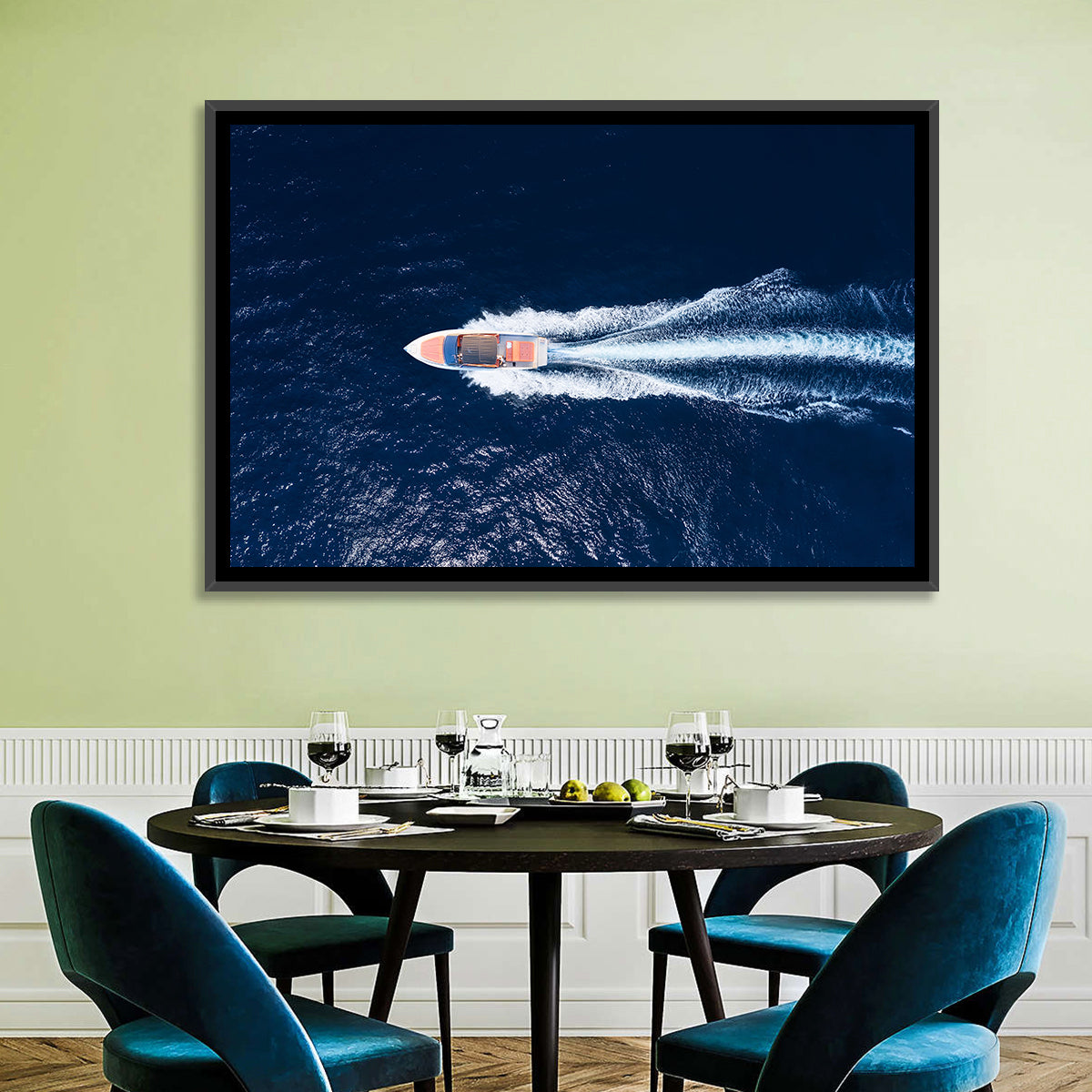 Sleek Speedboat Over Navy Sea Wall Art in a room, landscape