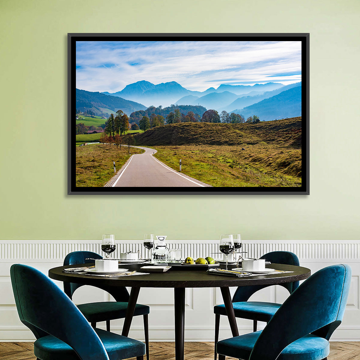 Bavarian Mountain Valley Wall Art in a room, landscape
