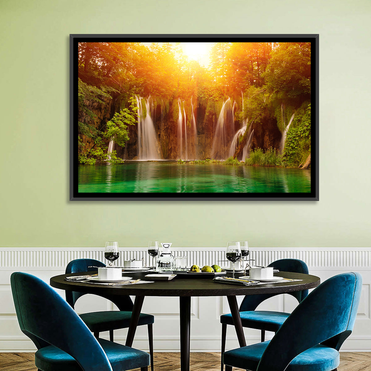 Plitvice Lakes Waterfalls Wall Art in a room, landscape