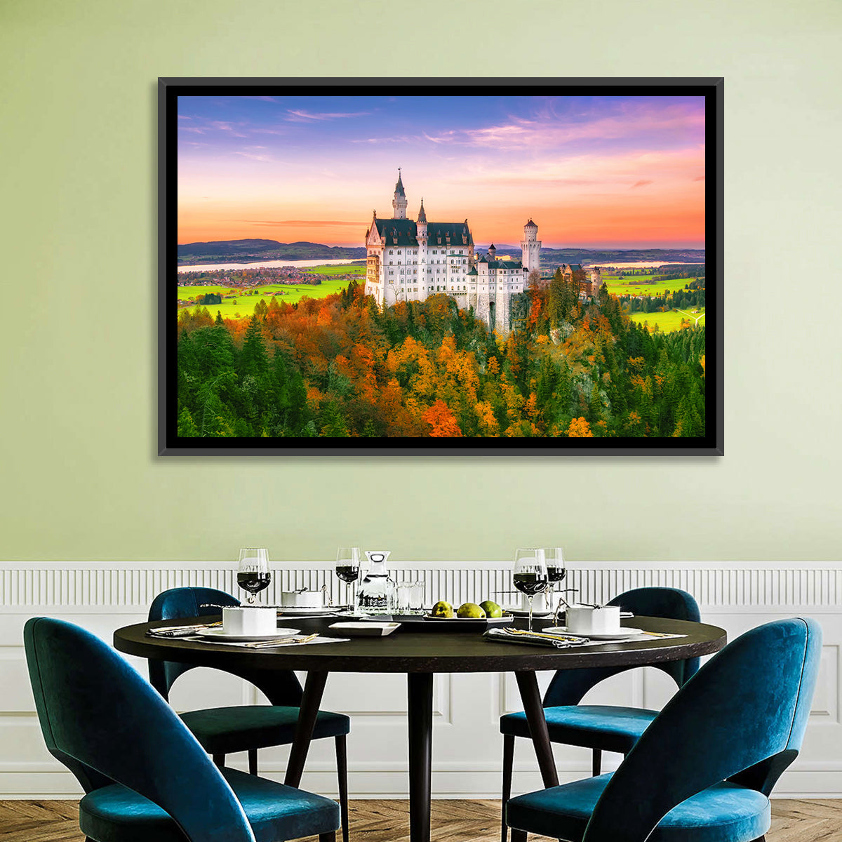 Neuschwanstein Castle at Autumn Sunset Wall Art in a room, landscape