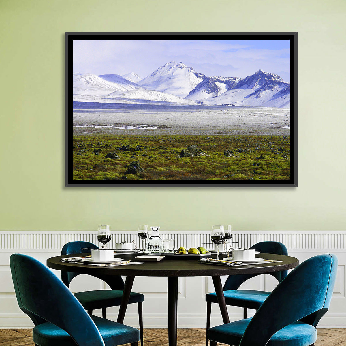 Icelandic Snow and Moss Landscape Wall Art in a room, landscape