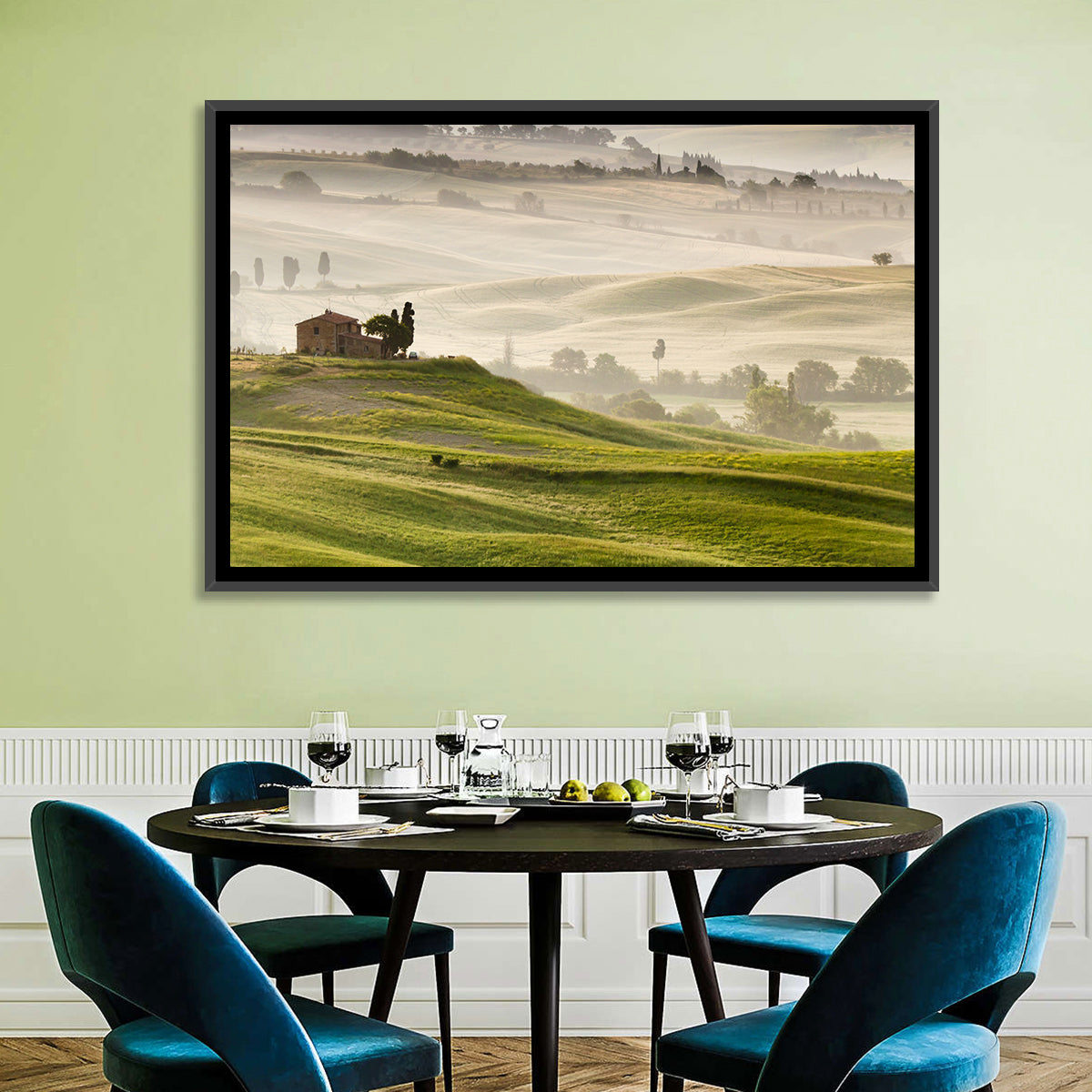Foggy Tuscany Wall Art in a room, landscape