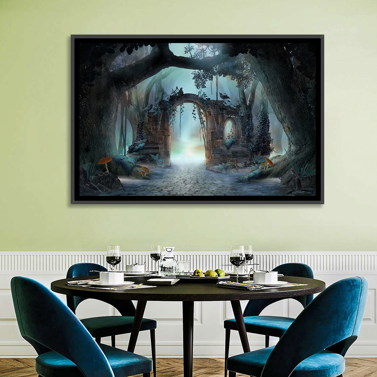Enchanted Foggy Forest Wall Art in a room, landscape