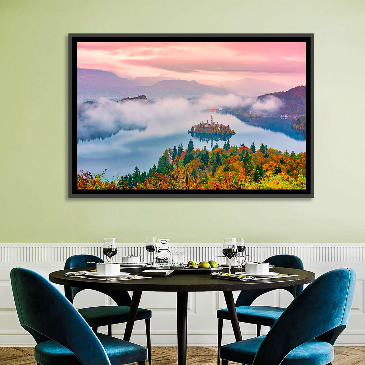 Misty Morning Over Lake Bled Wall Art in a room, landscape