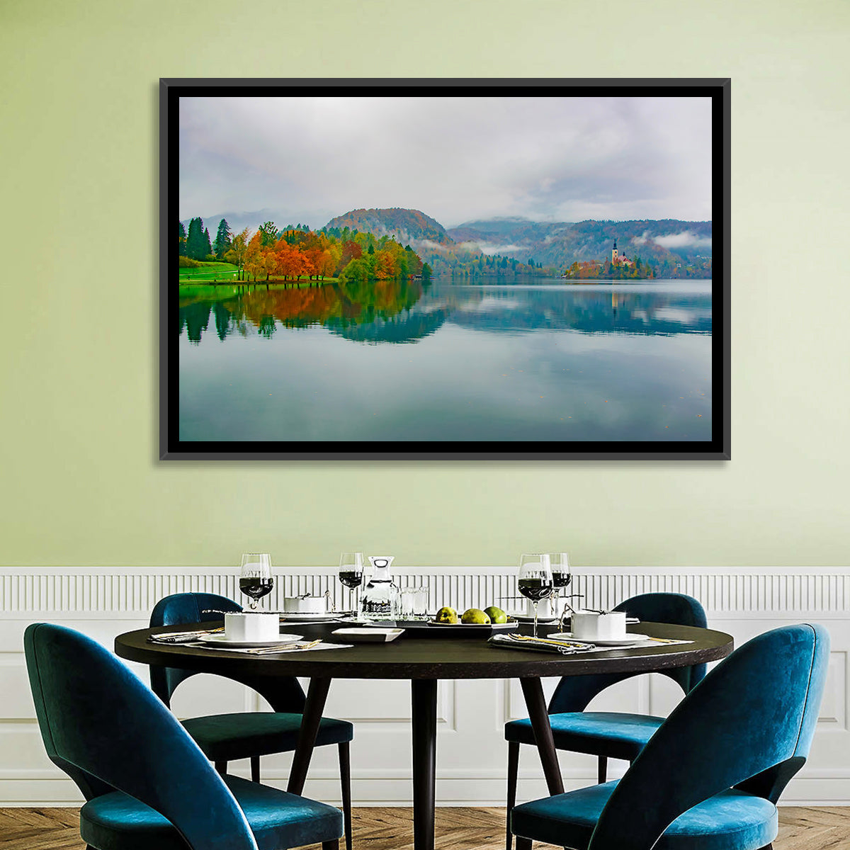 Lake Bled Island Church Wall Art in a room, landscape