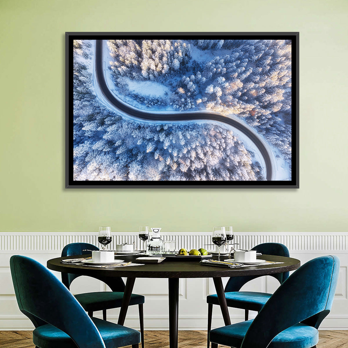 Snowy Forest Road at Golden Hour Wall Art