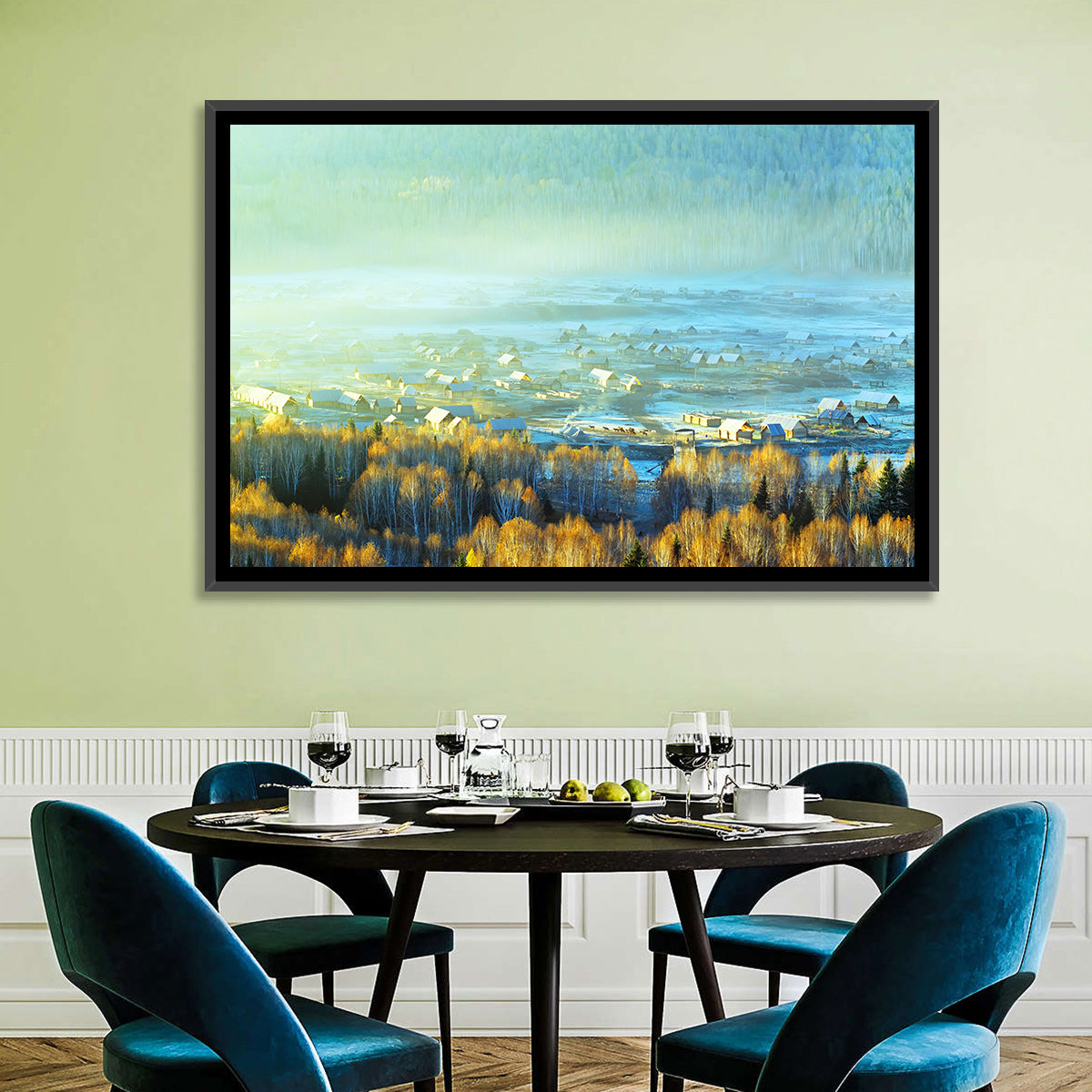 Misty Xinjiang Village Wall Art in a room, landscape