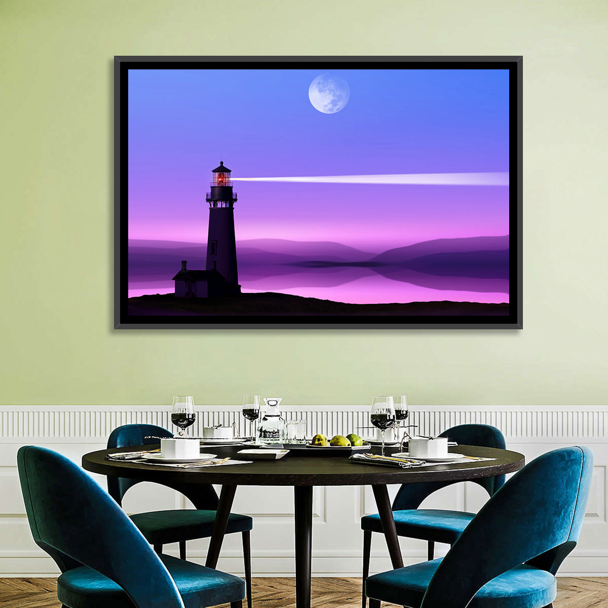 Moonlit Lighthouse Reflection Wall Art in a room, landscape