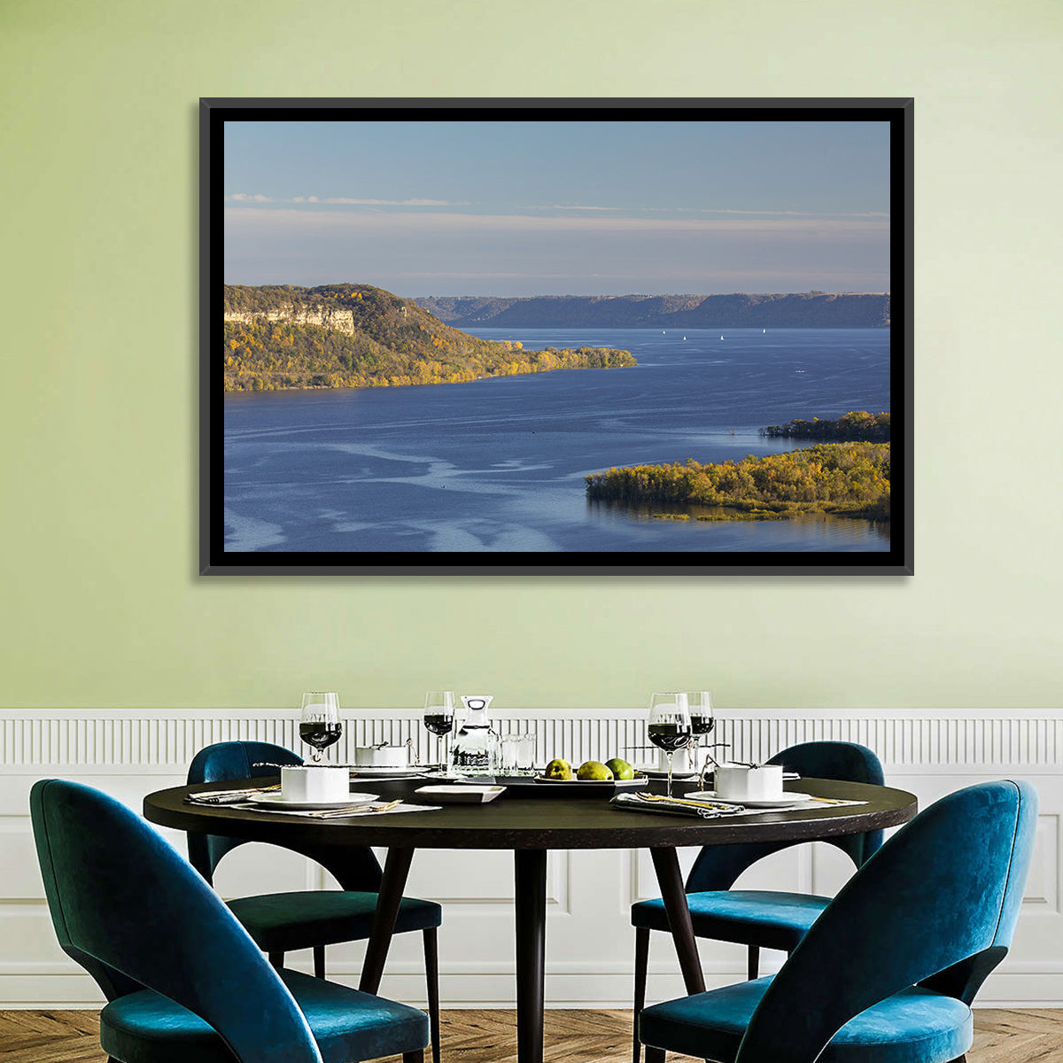 Mississippi River Autumn Panorama Wall Art in a room, landscape