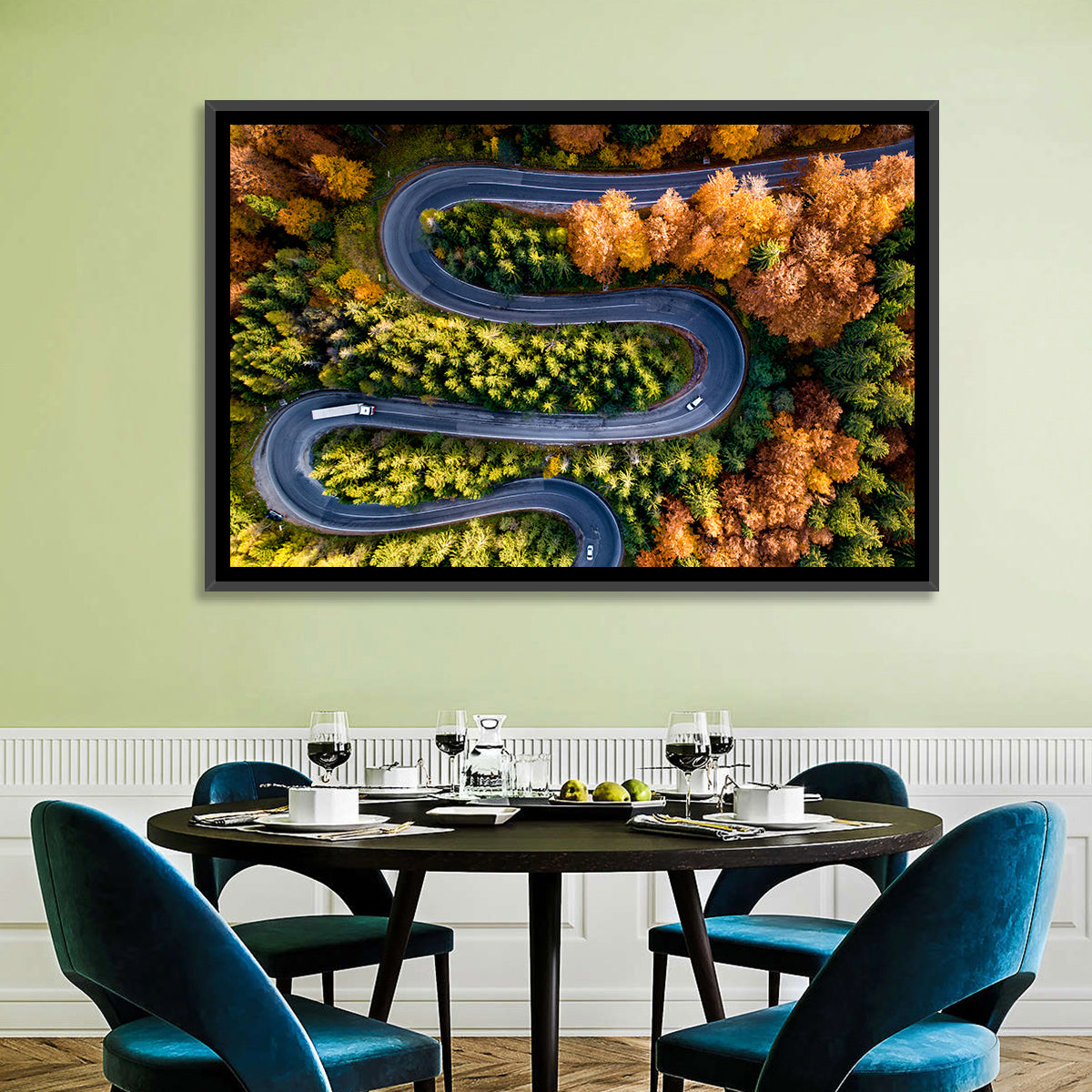Serpentine Forest Road Wall Art in a room, landscape