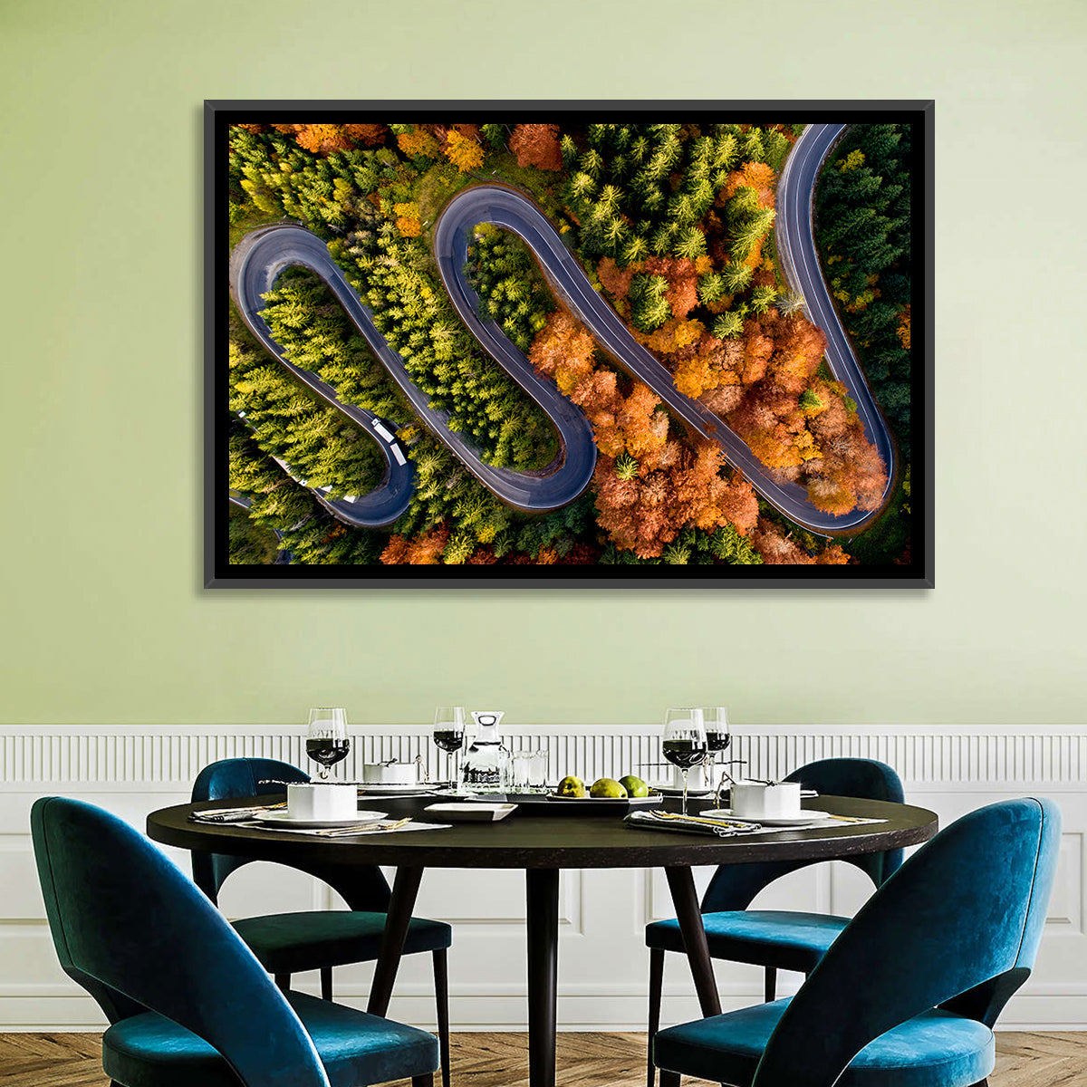Autumn Aerial Mountain Road Wall Art in a room, landscape