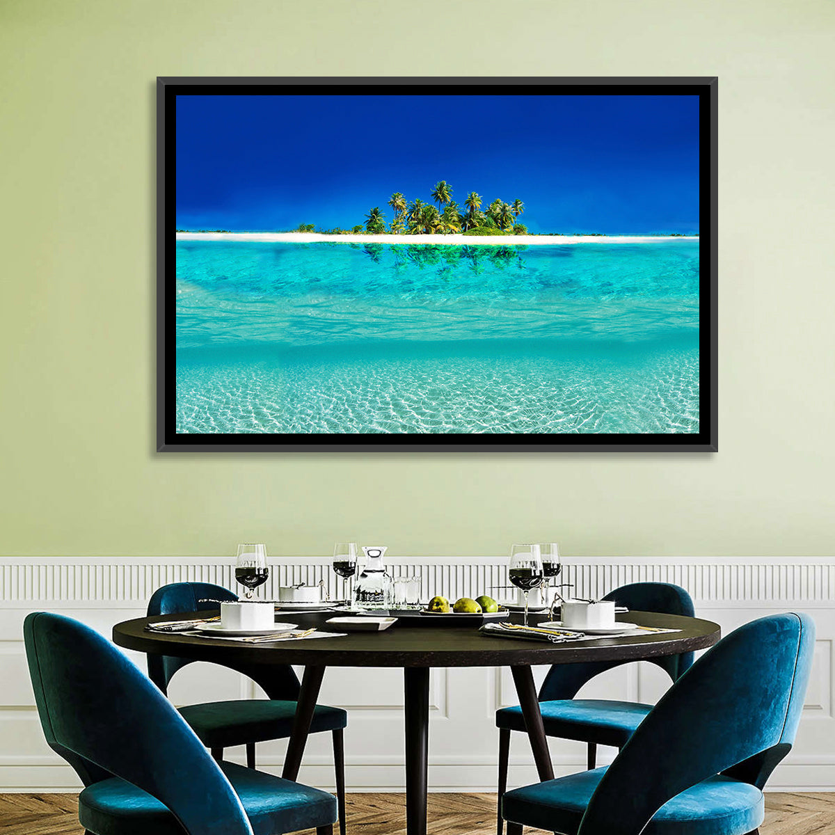 Tranquil Split-level Tropical Island Seascape Wall Art in a room, landscape
