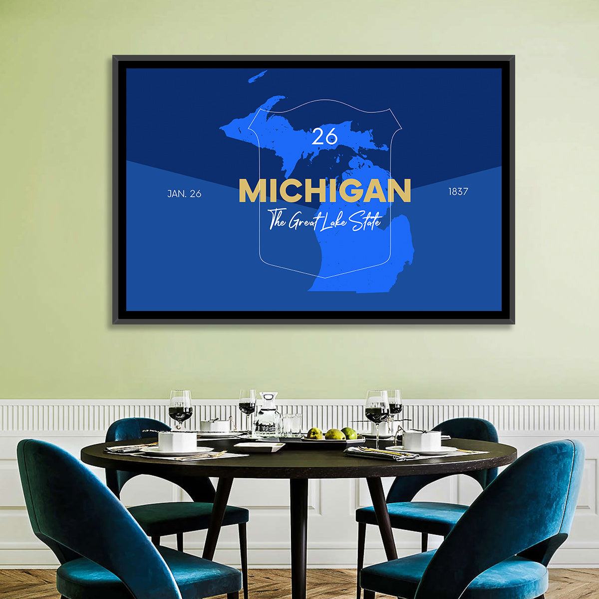 Michigan Shield Map Graphic Wall Art in a room, landscape