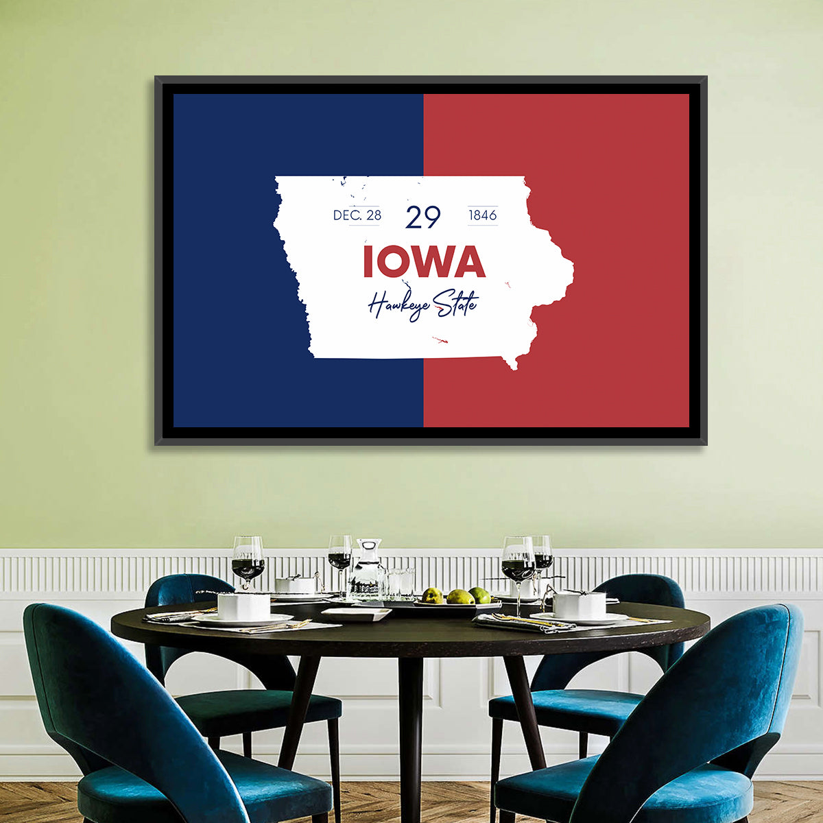 Hawkeye State Map Typography Wall Art in a room, landscape