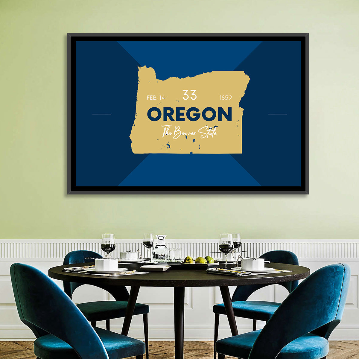 Oregon Typographic Map Wall Art in a room, landscape