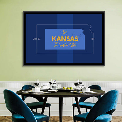 Kansas Typographic Map, Blue and Gold Wall Art