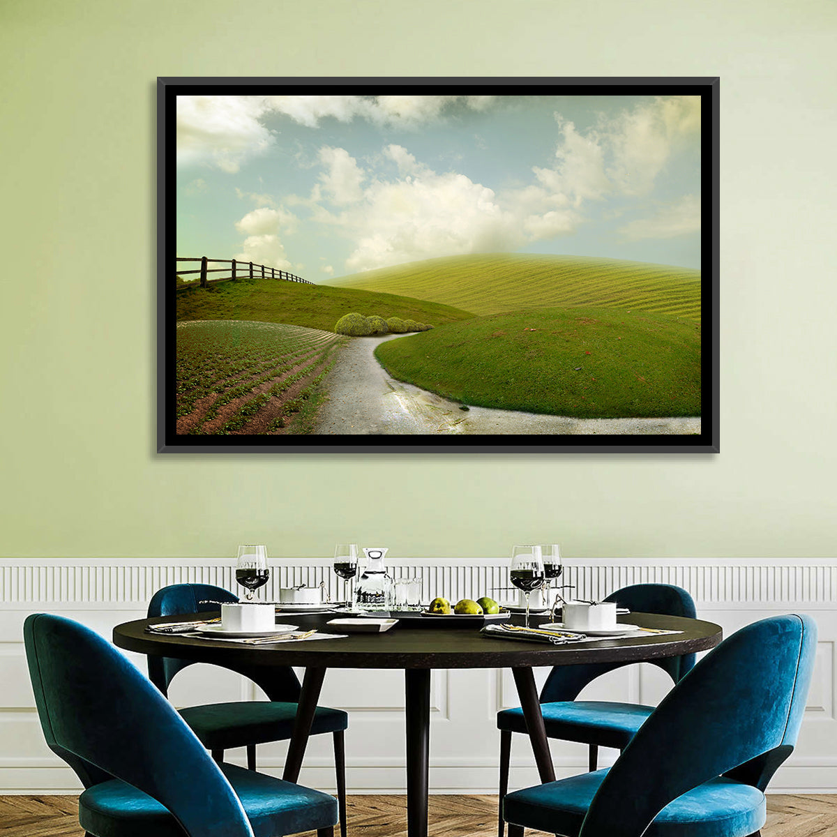 Winding Road Through Rolling Hills Wall Art in a room, landscape
