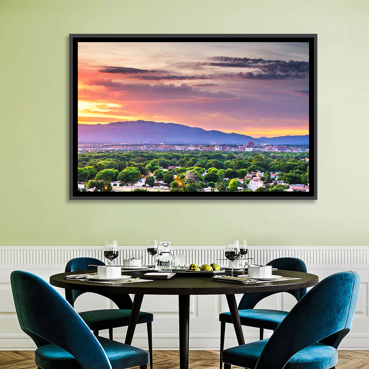Albuquerque Skyline at Dusk Wall Art in a room, landscape