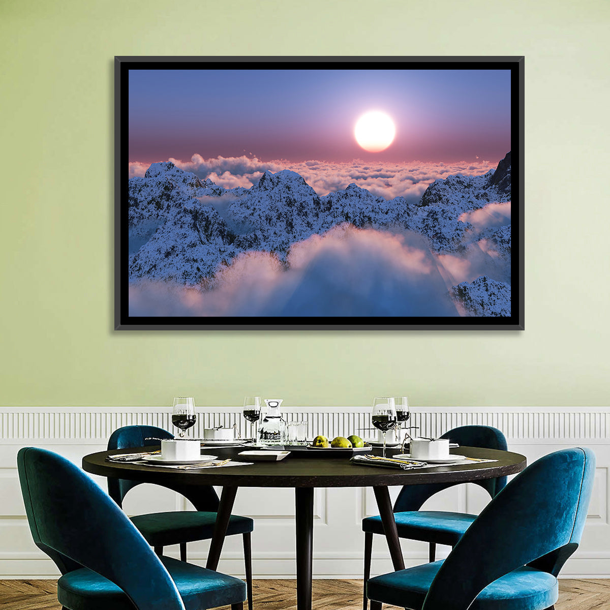 Sunset Above Snowy Mountains Wall Art in a room, landscape