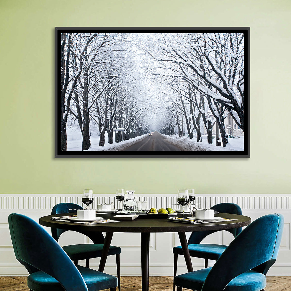 Snowy Road with Distant Headlights Wall Art in a room, landscape