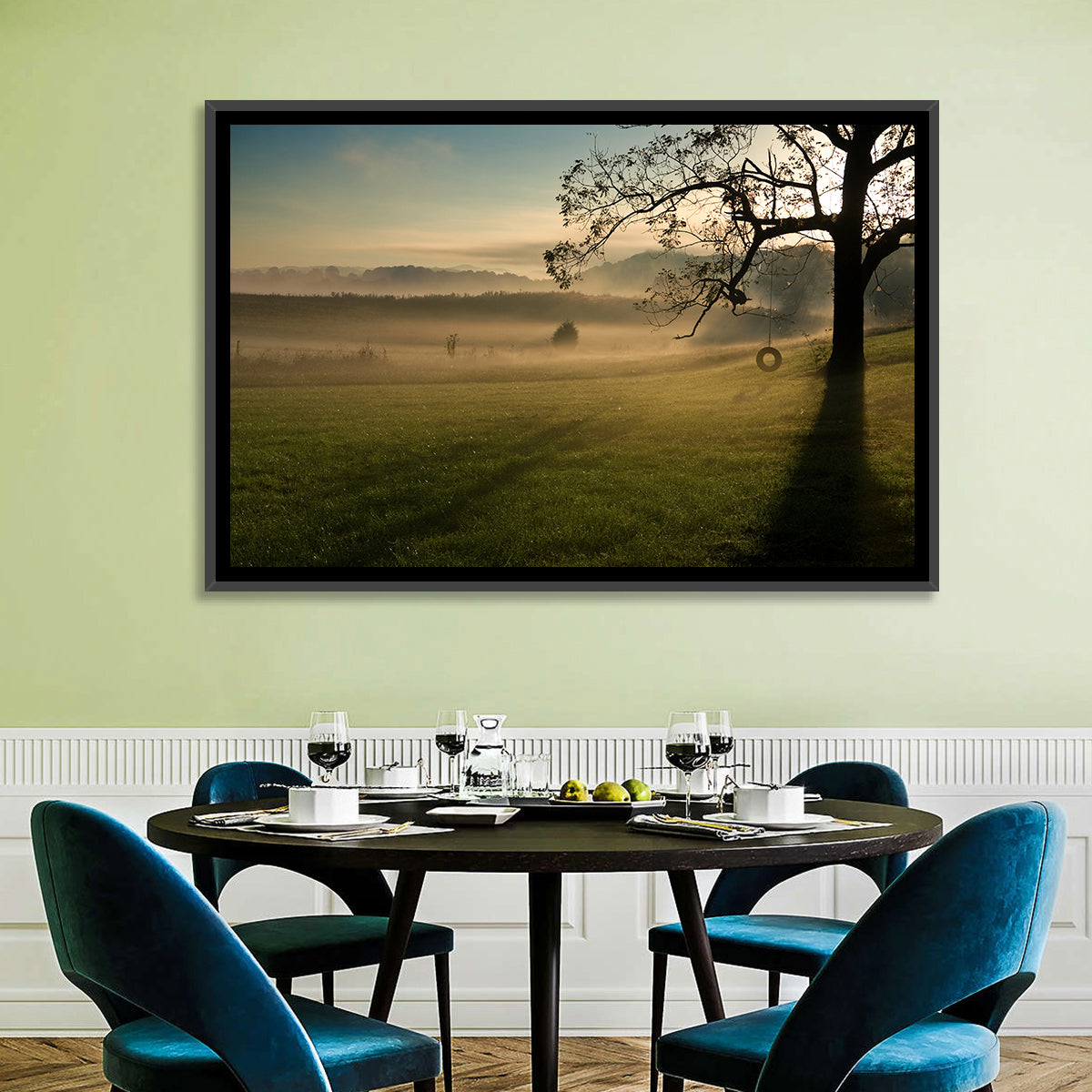 Tire Swing in Morning Mist Wall Art in a room, landscape