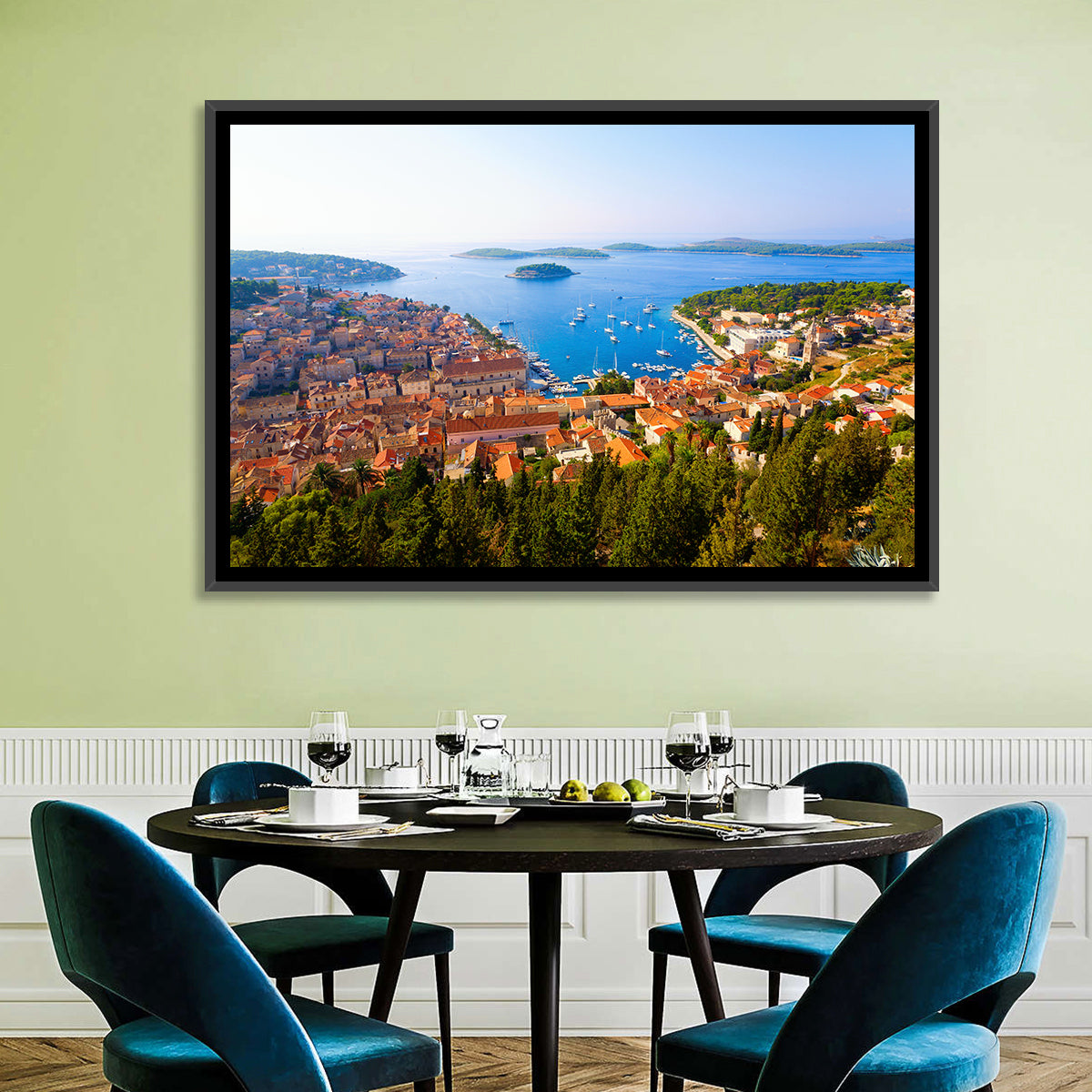 Hvar Harbor Aerial View Wall Art in a room, landscape