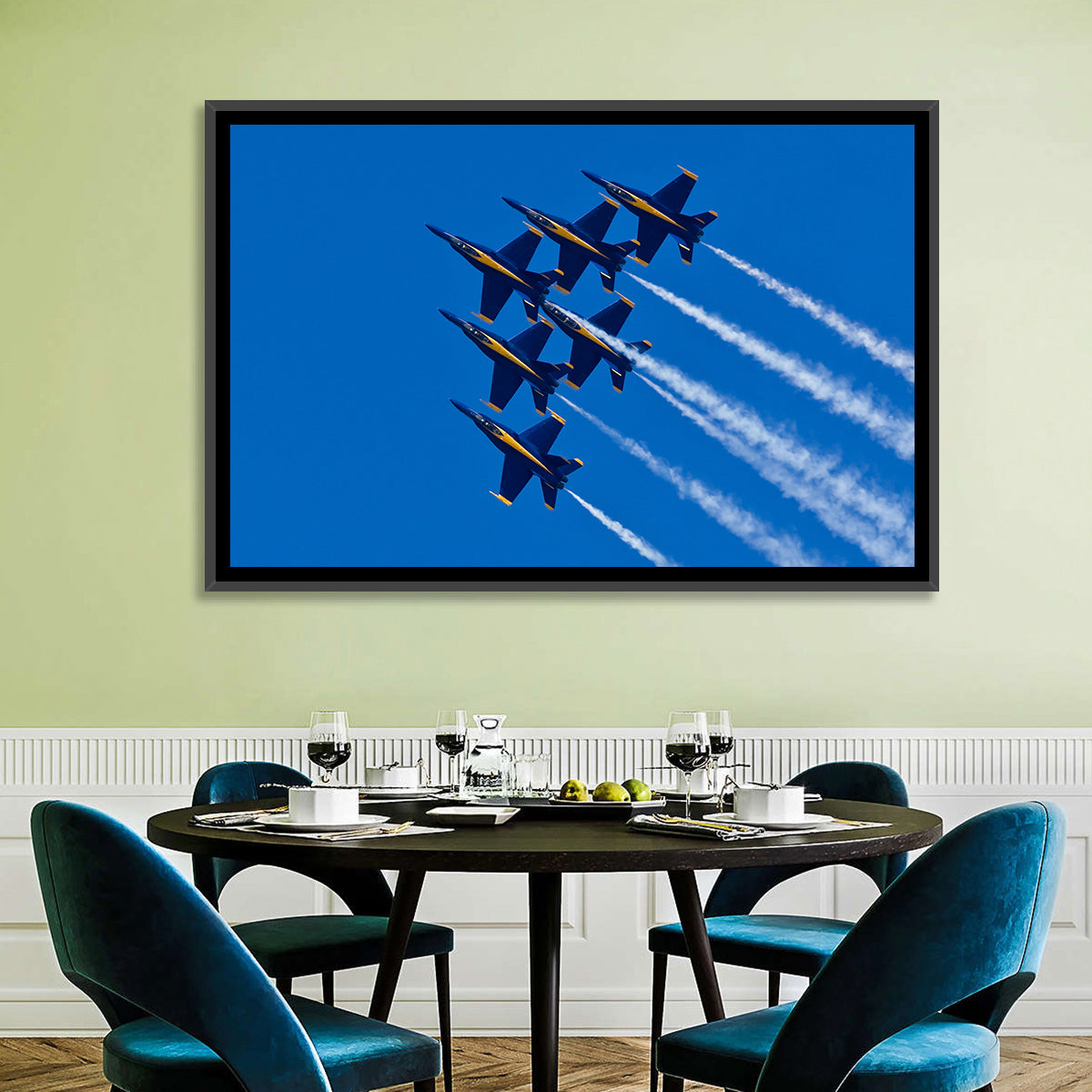 Blue Angels Delta Formation Flyover Wall Art in a room, landscape