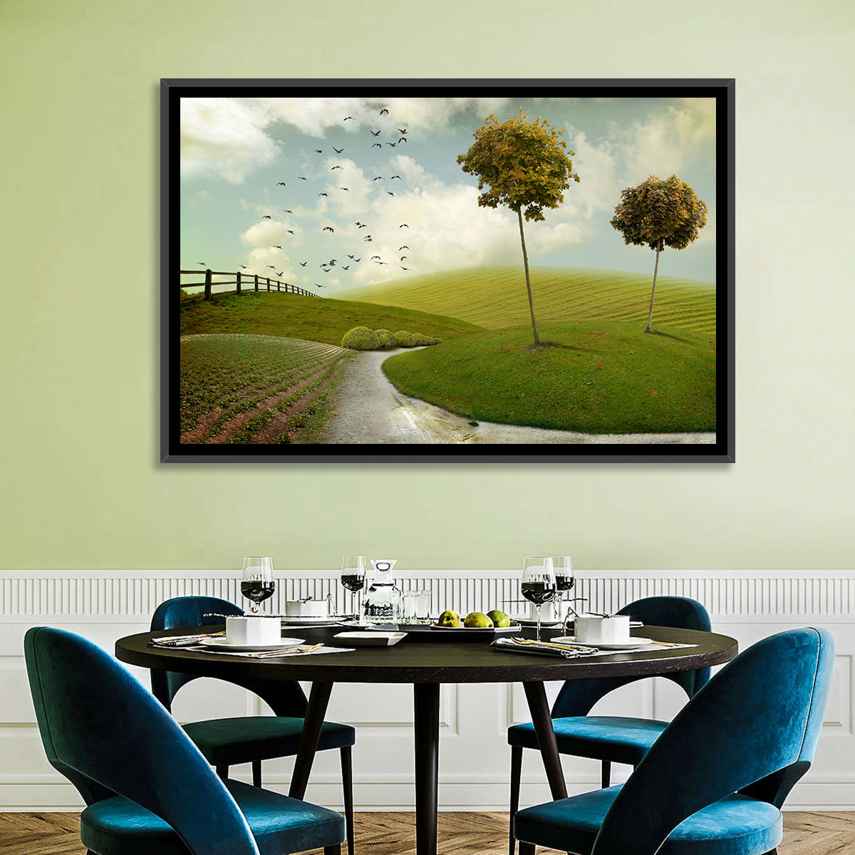Serene Green Hills Pathscape Wall Art in a room, landscape
