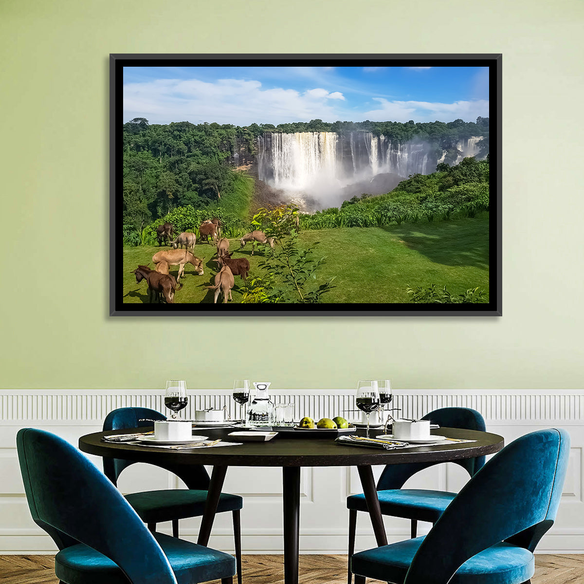 Kalandula Falls and Grazing Donkeys Wall Art in a room, landscape