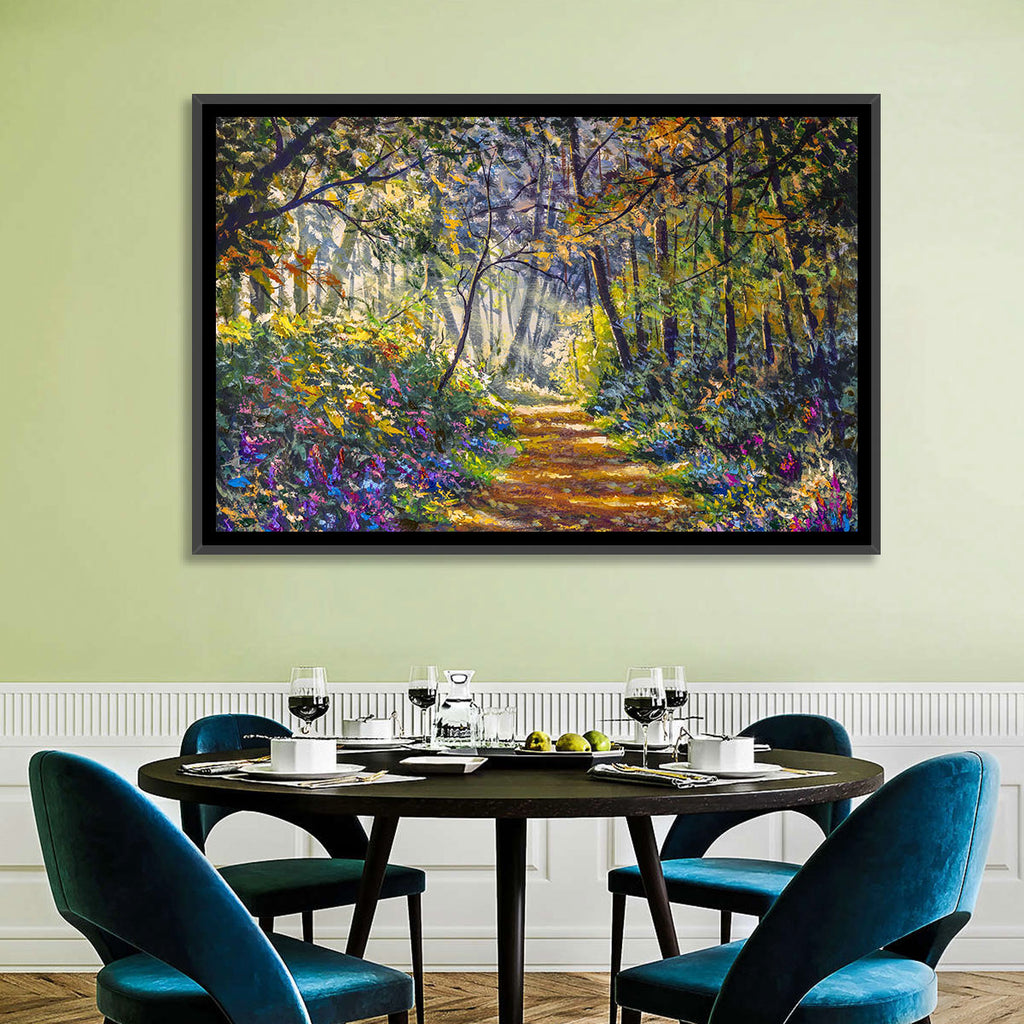 Sunlit Forest Path with Wildflowers Wall Art