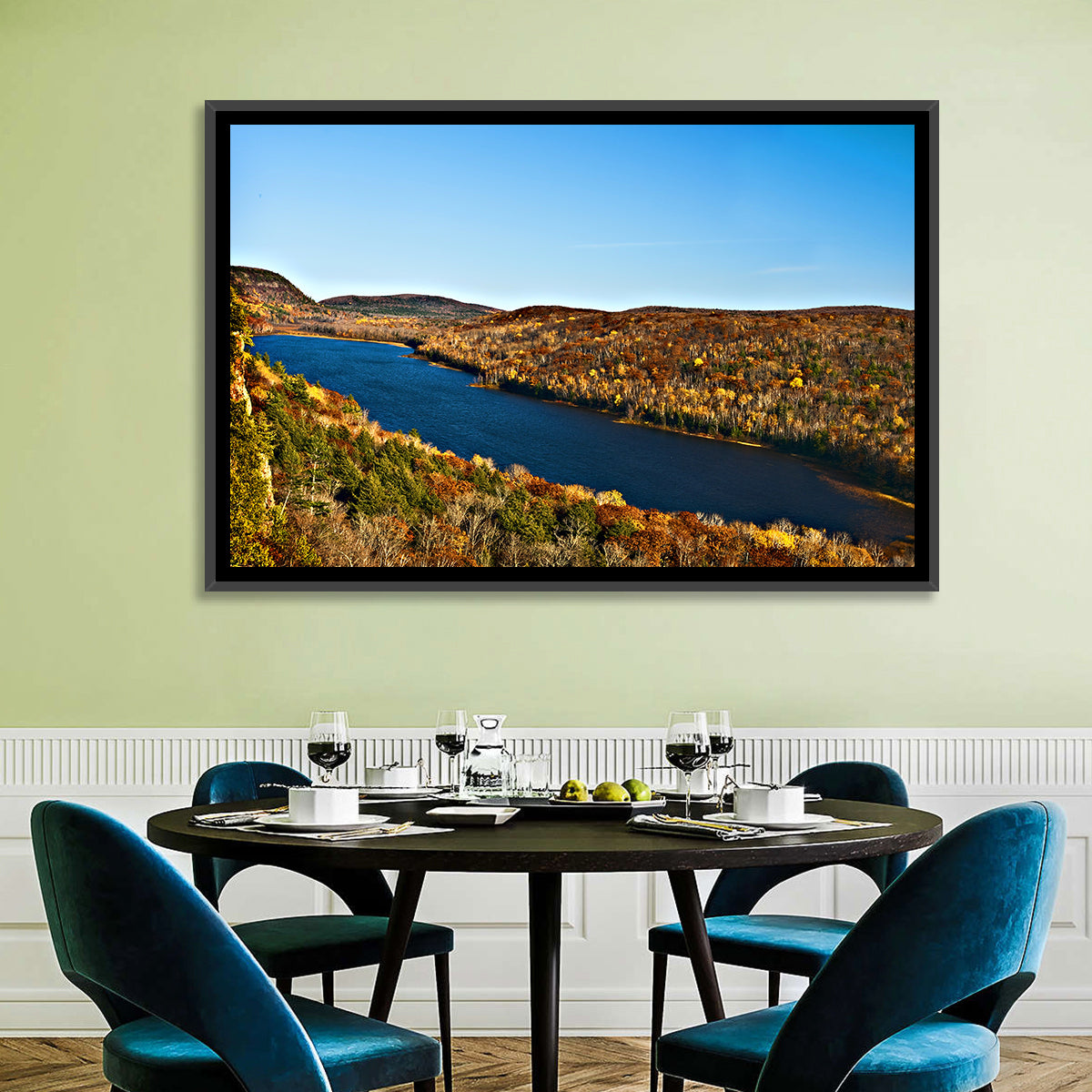 Lake of the Clouds Golden Hour Wall Art in a room, landscape