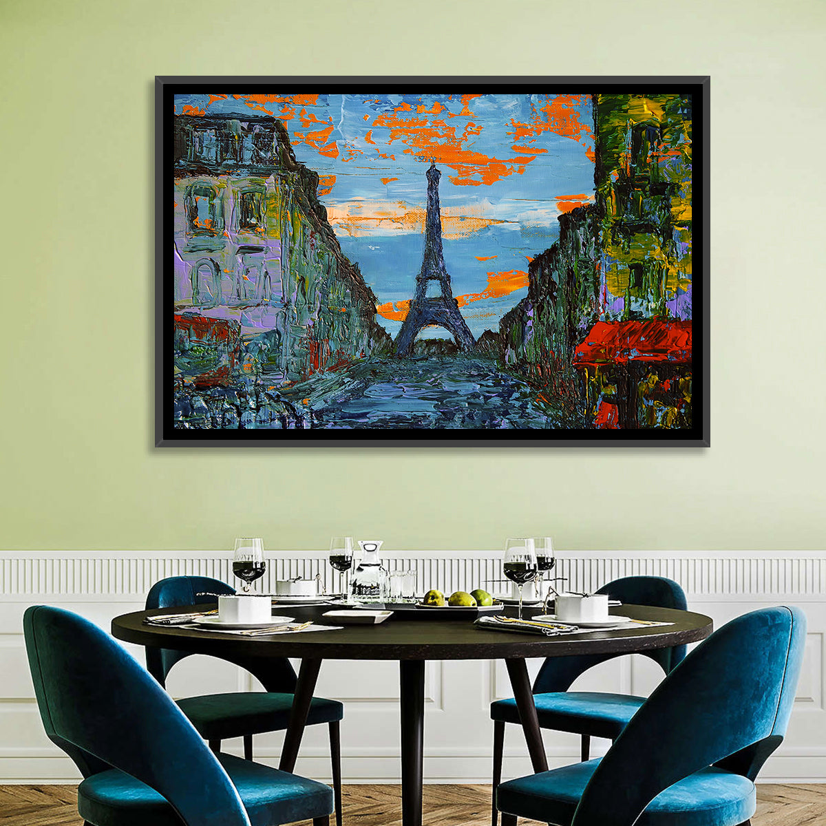 Paris Dusk Street, Eiffel Tower Wall Art in a room, landscape