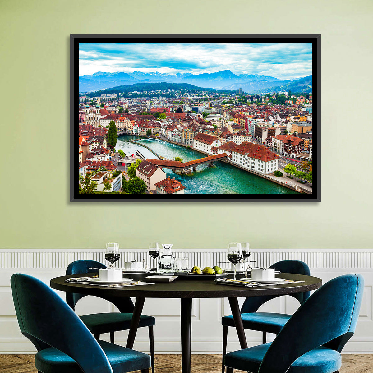 Lucerne Chapel Bridge View Wall Art in a room, landscape