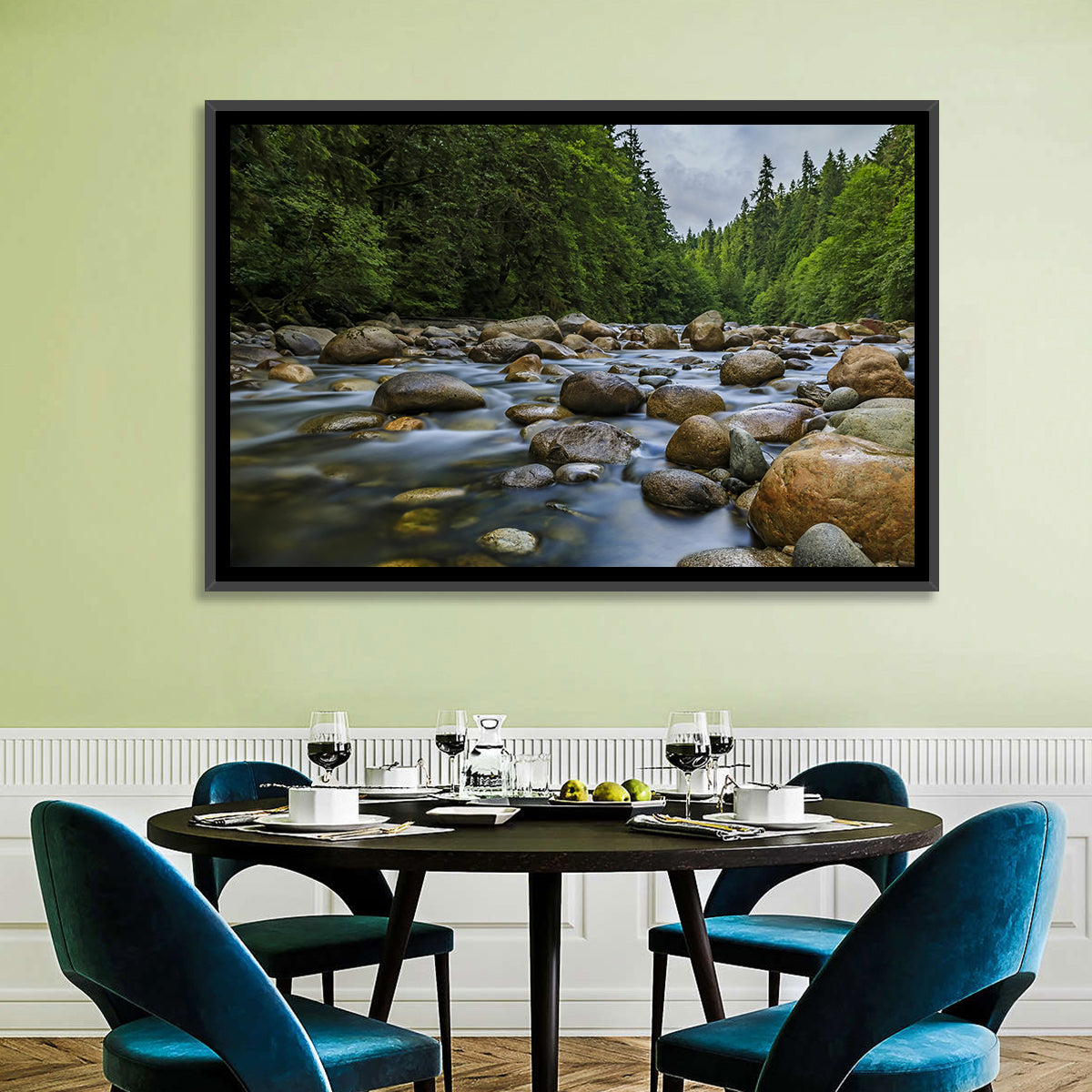 Lynn Canyon Riverbed Forest Wall Art in a room, landscape