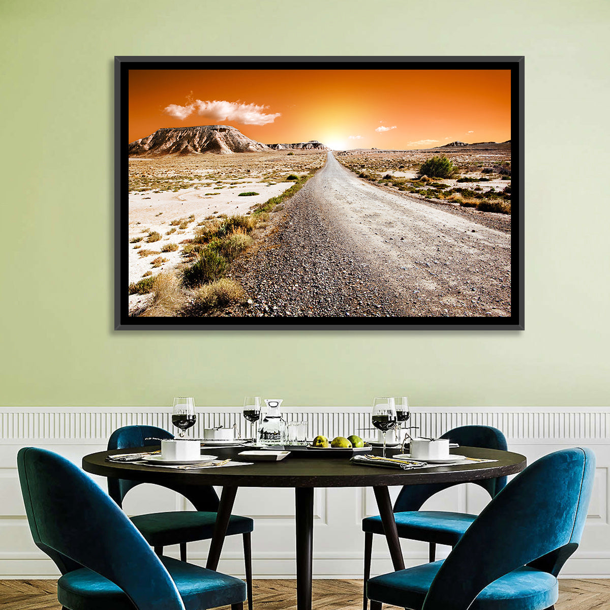 Infinite Desert Road Wall Art in a room, landscape