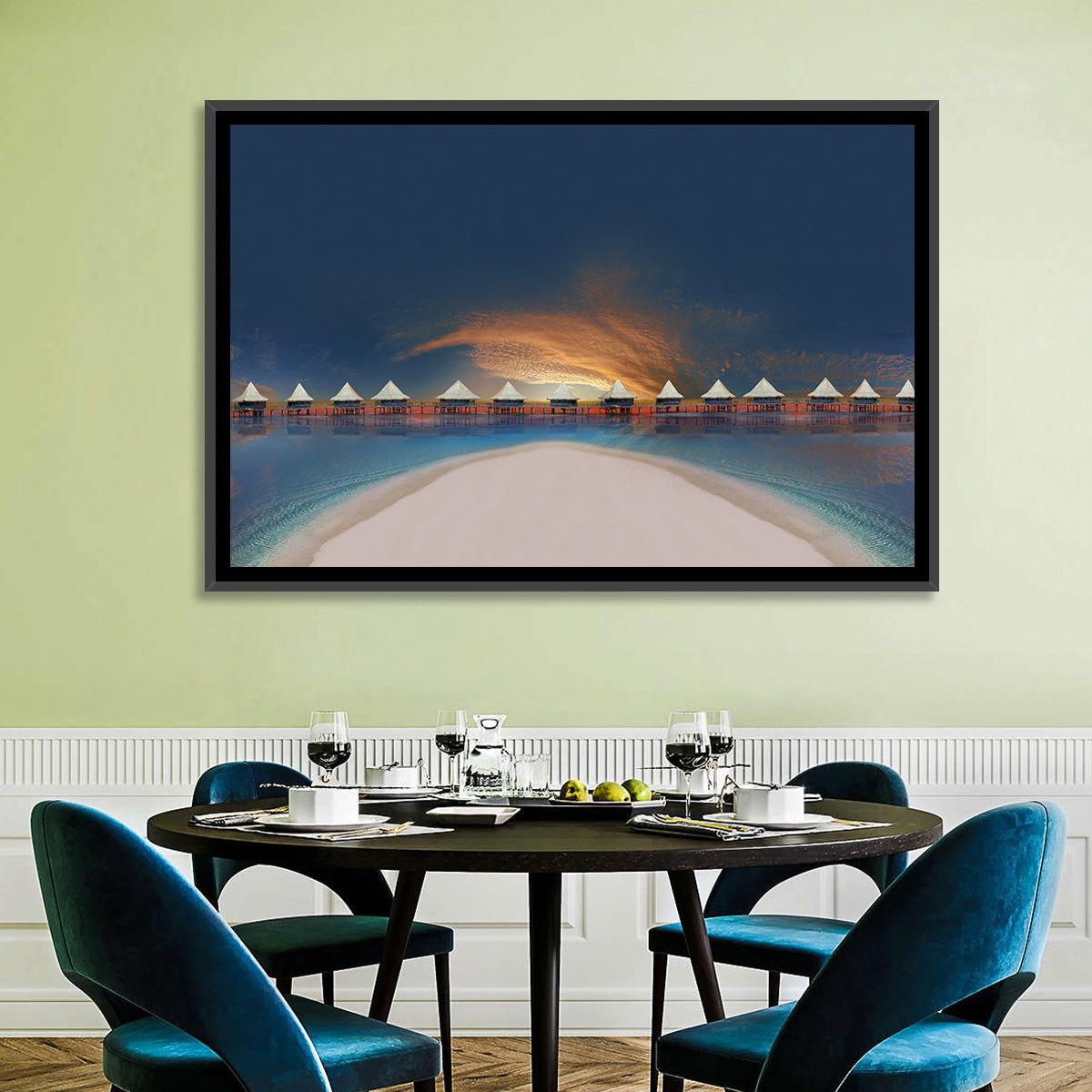 Overwater Bungalows at Golden Dusk Wall Art