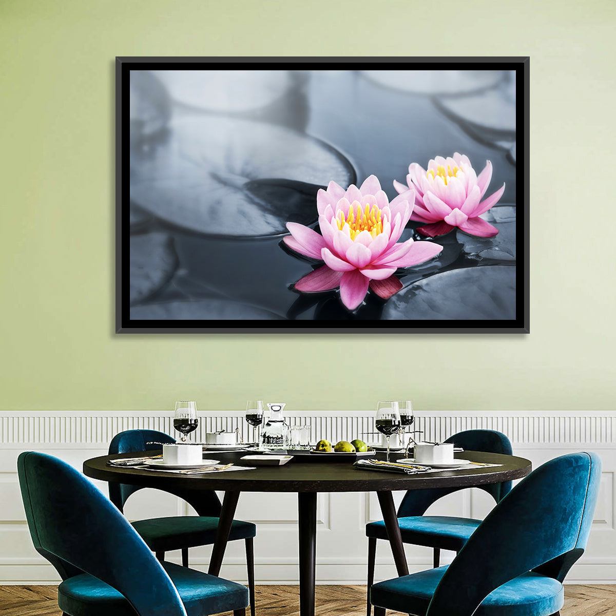Pink Water Lilies Wall Art in a room, landscape