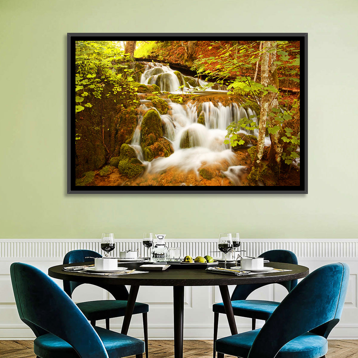 Plitvice Autumn Stream Wall Art in a room, landscape