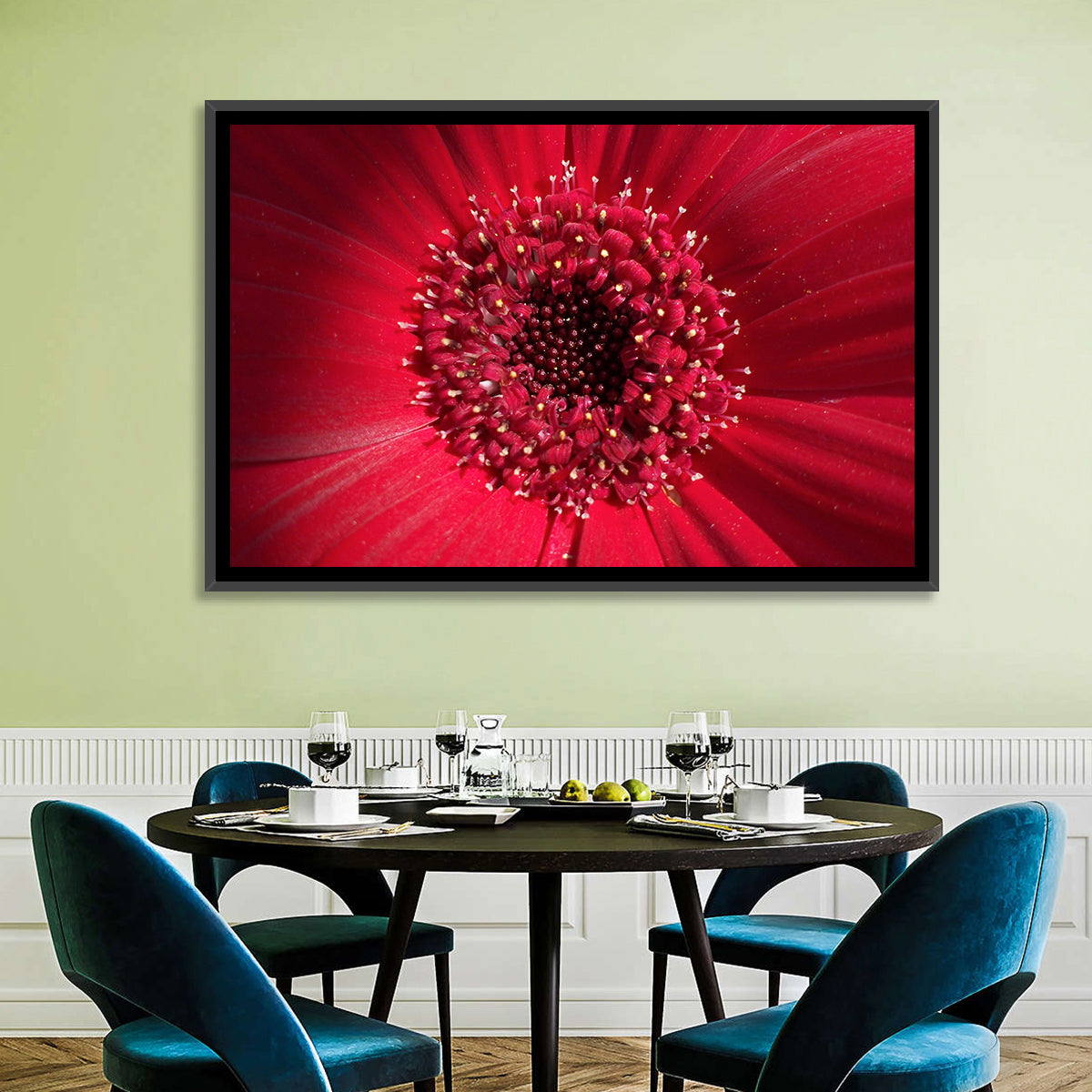 Red Gerbera Daisy Macro Close Up Wall Art in a room, landscape